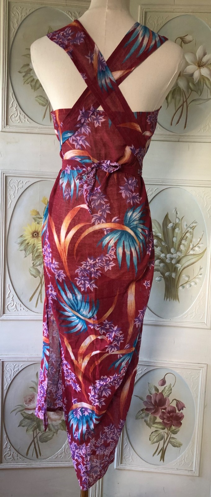 VTG COTTON VOILE SHEER MAROON RED ALOHA SARONG WRAP DRESS BEACH COVER UP FLORAL