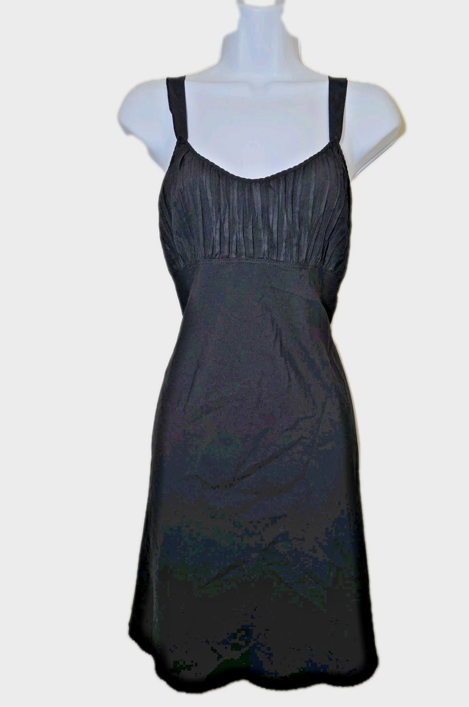 Vtg 1980s Vanity Fair Pleated Bodice Brushed Satin Black Slip Dress Sz 34 10-627