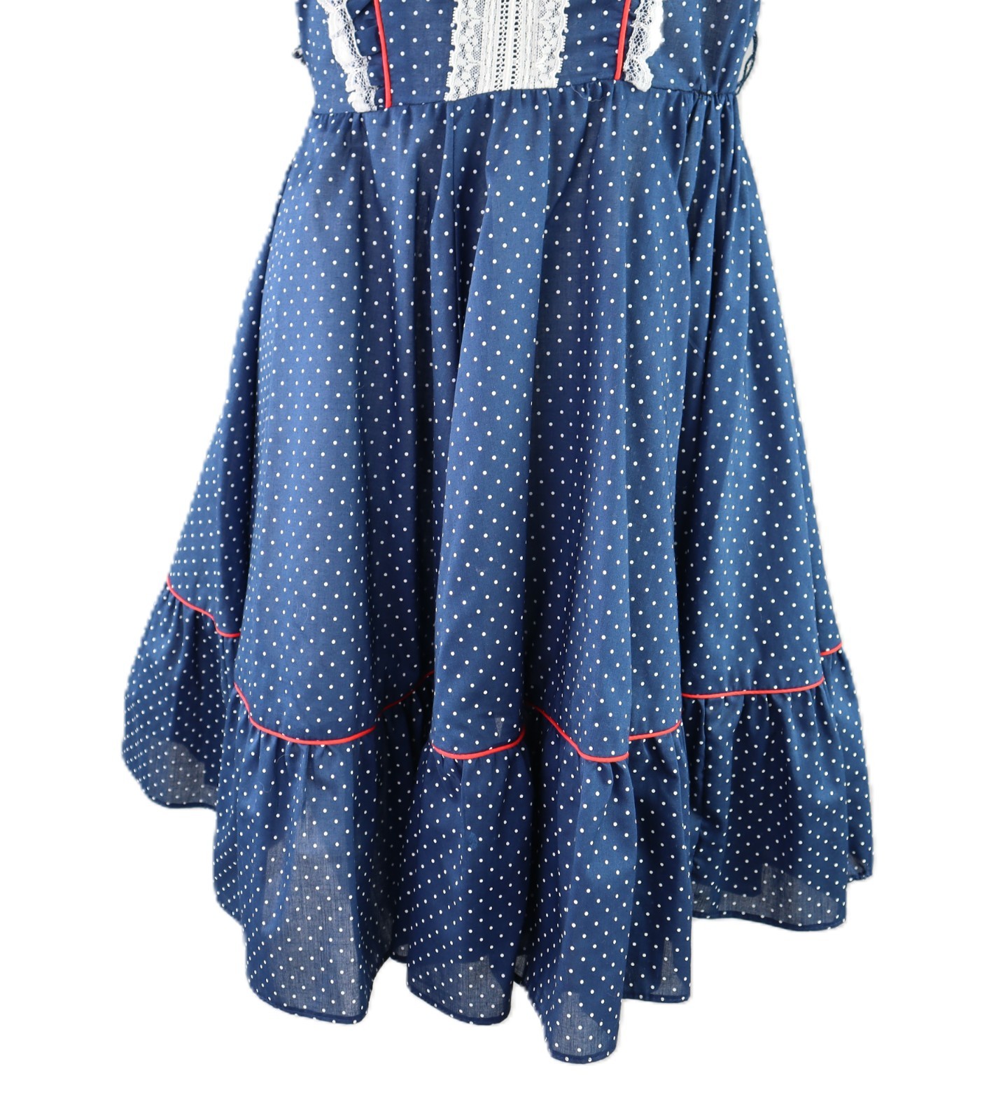 VTG 60s Jeri Bee USA 0 XS Square Dance Prairie Lace Polka Dot Knee Dress Blue