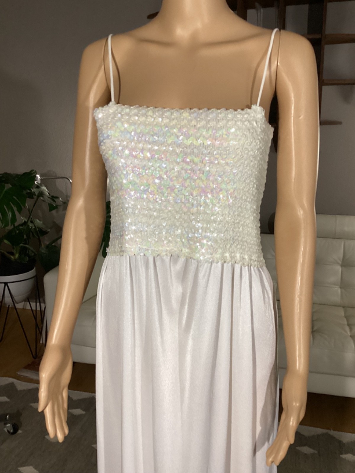 Vintage NOS Denise Fashions Iridescent Sequin White Sleeveless Maxi Party Dress