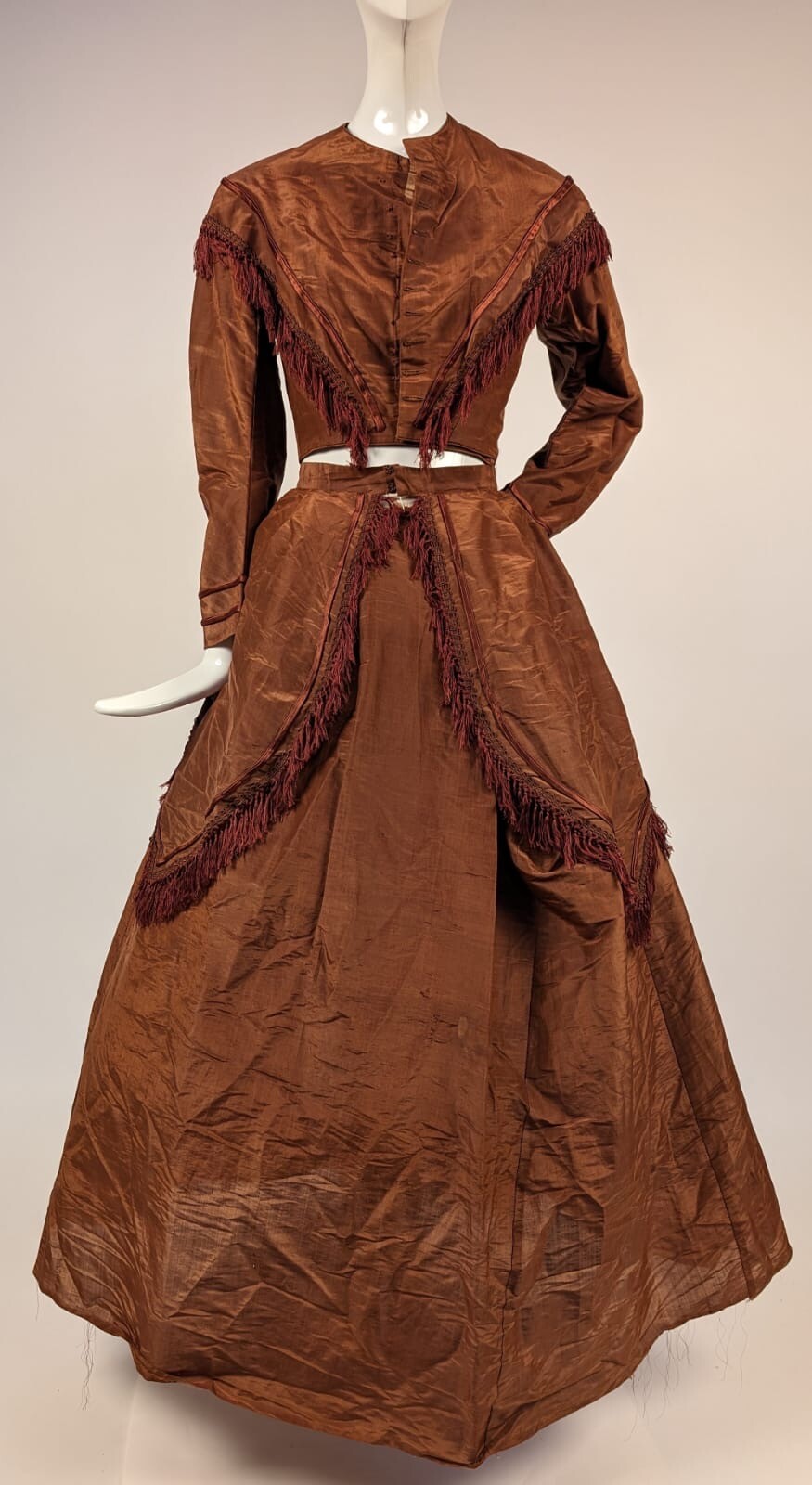 POST CIVIL WAR LATE 1860’S 3 PC BROWN SHINING SILK DRESS W FRINGE
