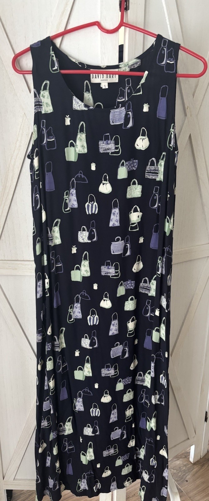 David Dart Vintage Dress S Maxi Blue Whimsical Purses Fun Art Sleeveless 90s Y2K
