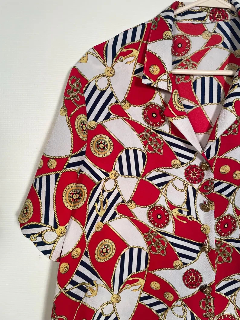 Vintage 80s/90s Plus Size Nautical Rope And Anchor Print Blouse Size XL/2XL