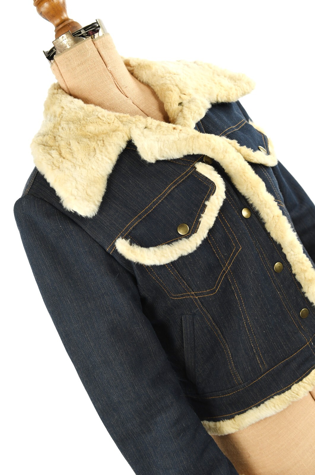Vintage 90s French Dark Denim Faux Sherpa Princess Trim Bomber Coat Y2K Jacket M