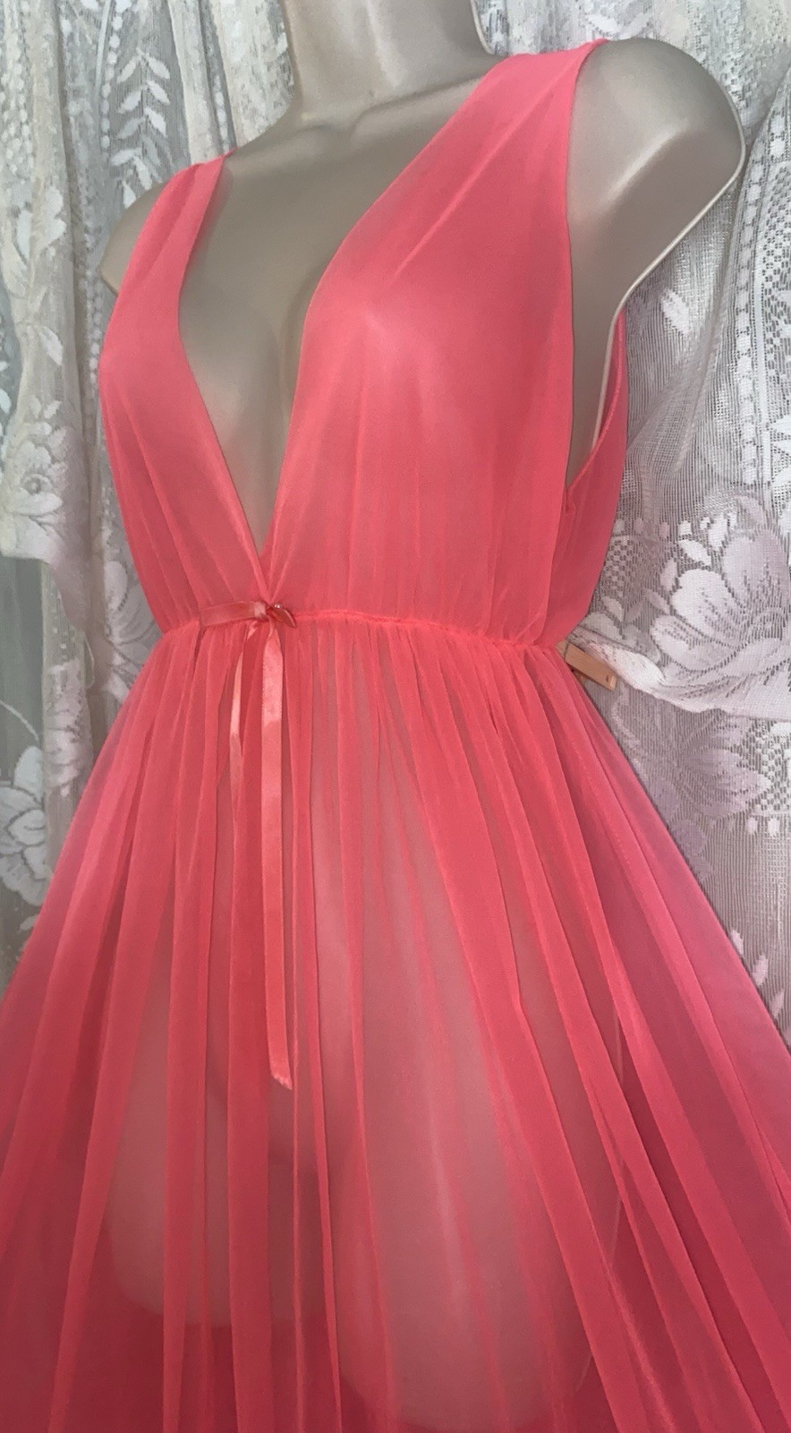 VTG NWOT L XL NEON CORAL Ultra Sheer Chiffon Full Sweep Nightgown w Panties Set
