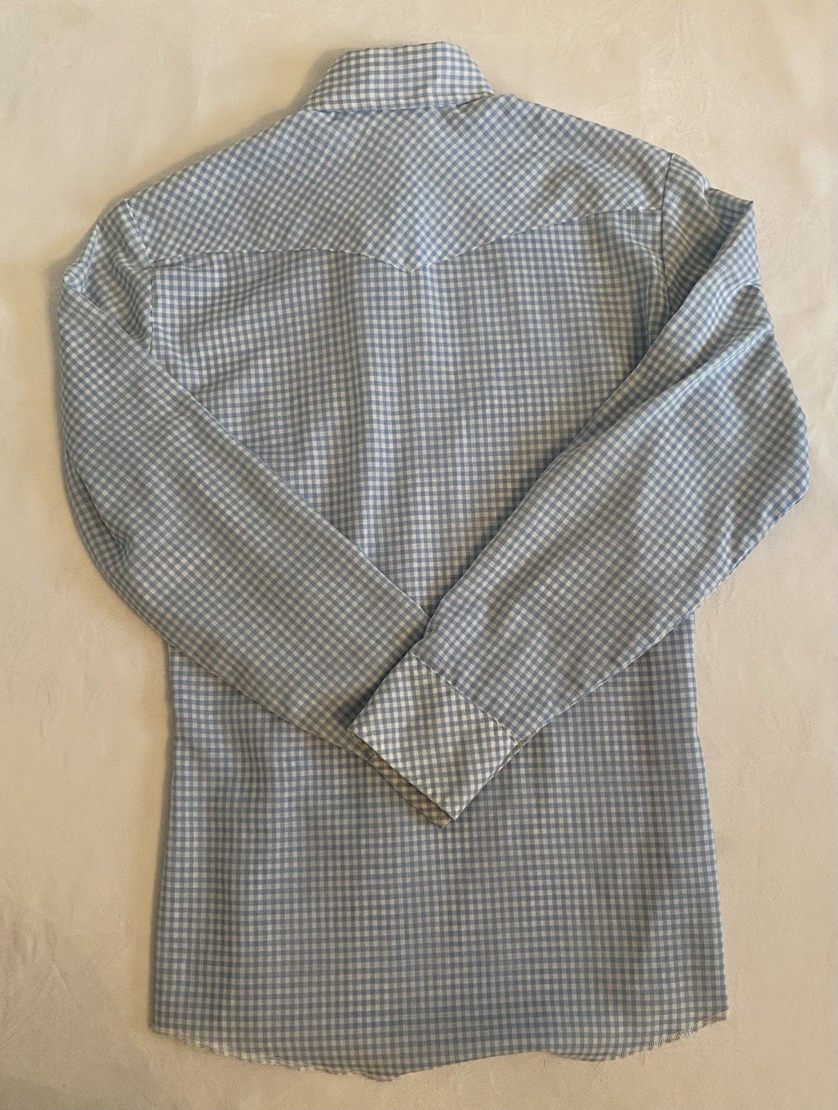 Vintage Wrangler Pearl Snap Western Shirt Womens Blue Gingham Size S Made In USA
