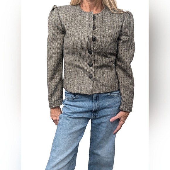 Vintage 80s Cashmere Wool Herringbone Puff Shoulder Cropped Jacket Sz 4