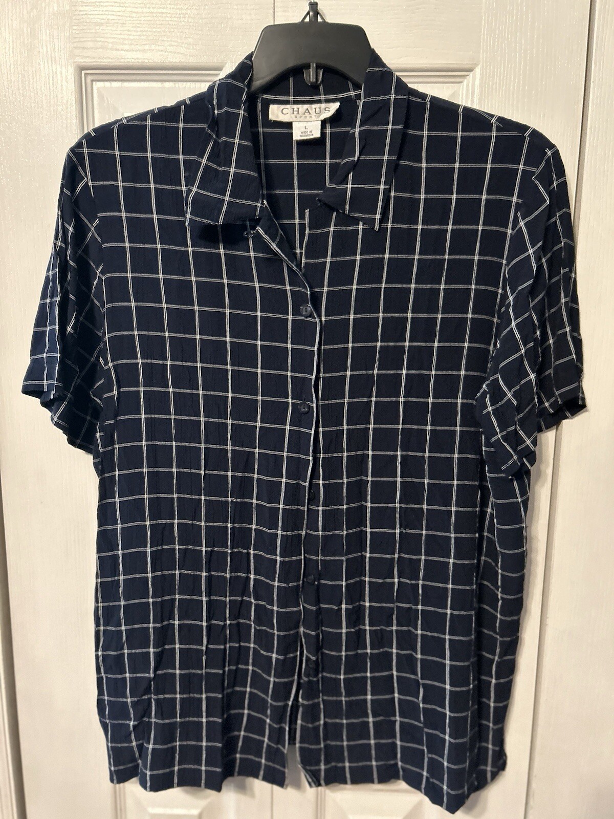 Vintage Chaus Women’s Short Sleeve Navy Blue White Button Down Blouse Size Large