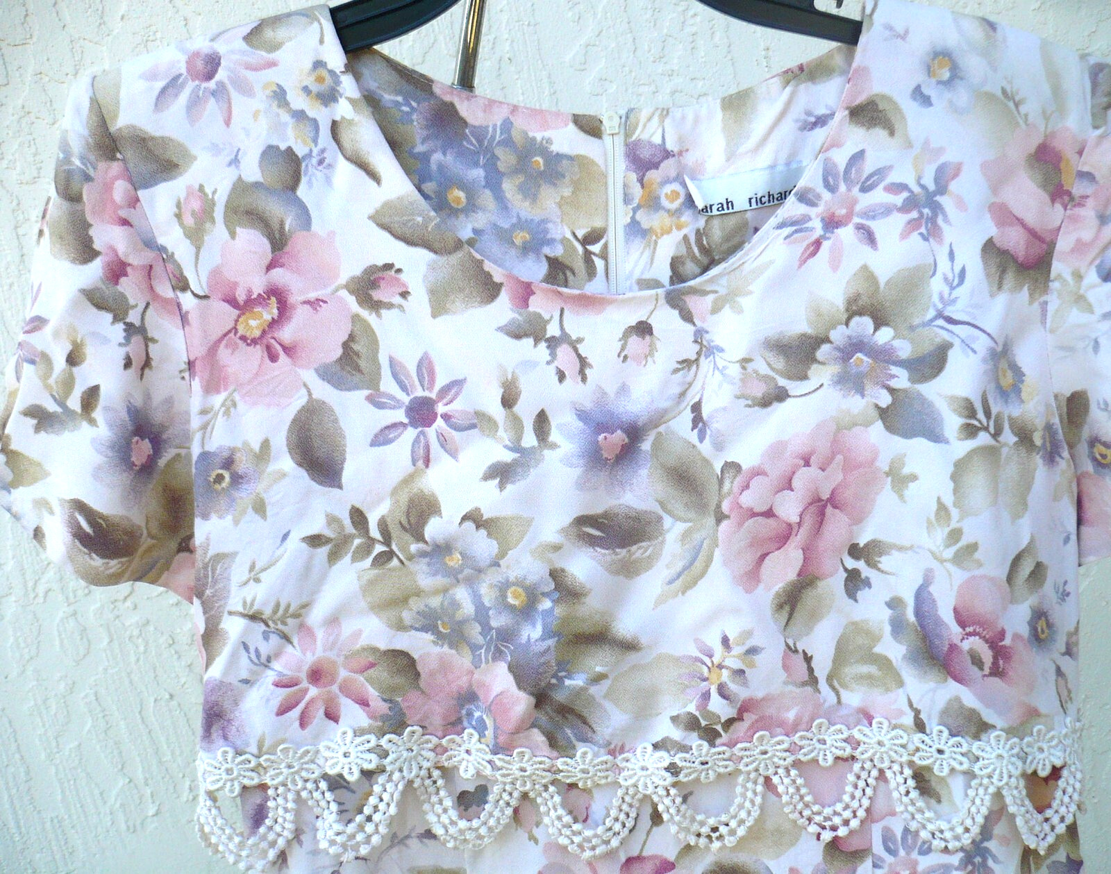 VTG 80S S M SARAH RICHARDS SRING EASTER PINK FLORAL LACE IVORY DRESS PASTEL TIES