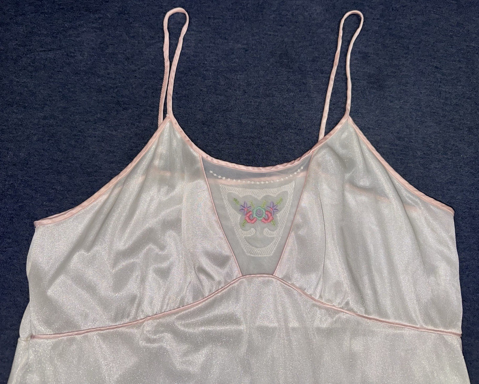 VTG 70s 80s Sears Lace Trim Flower Embroidery Silky Shear Long Nightgown L 16/18
