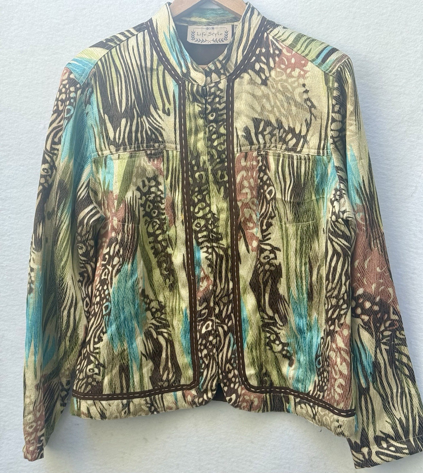 VTG 70-80’s Life Style Womens Jacket Safari Blue/Brown XL Lined Long Sleeve Boho