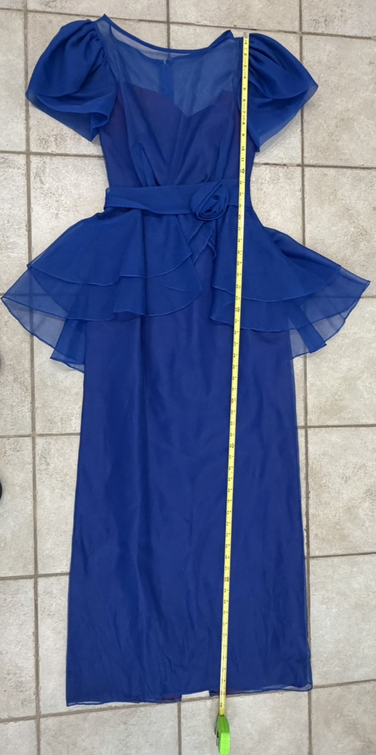 Vintage 1985 Royal Blue Rosette Short Sleeve Prom Party Dress – Sz. 11-12 – USA