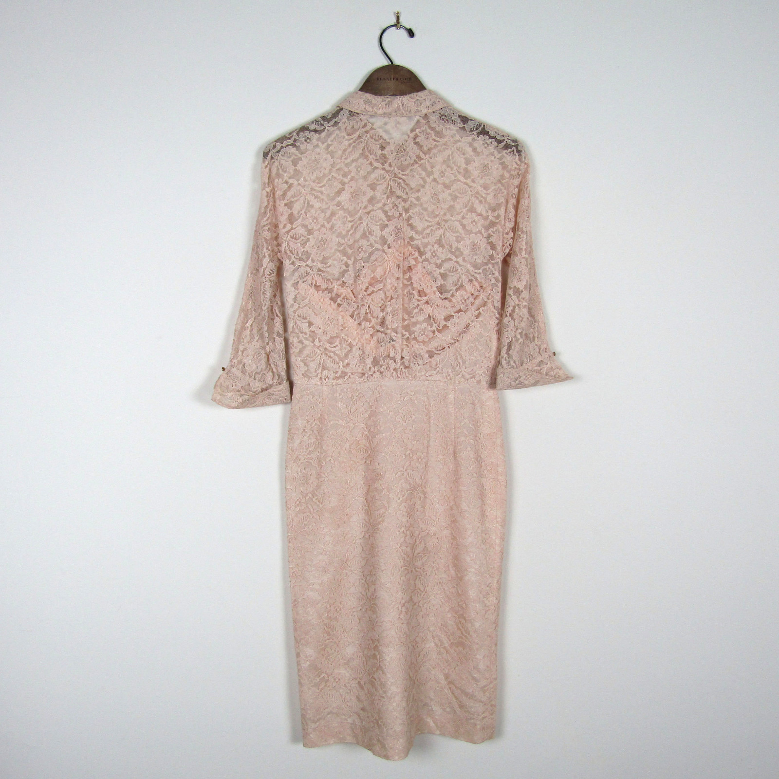Vtg 50s SEXY PIN UP LACE RHINESTONE BUTTON UP DRESS Beige Sheer Rockabilly 1950s