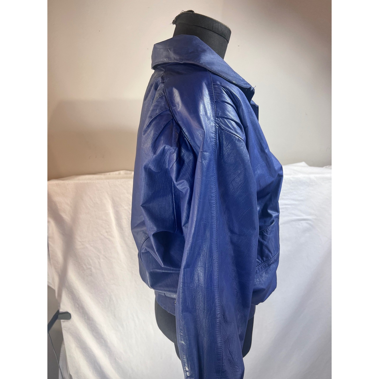 Avanti Vintage 80s Leather Bomber Jacket Cobalt Blue Puff Shoulder Womens Small