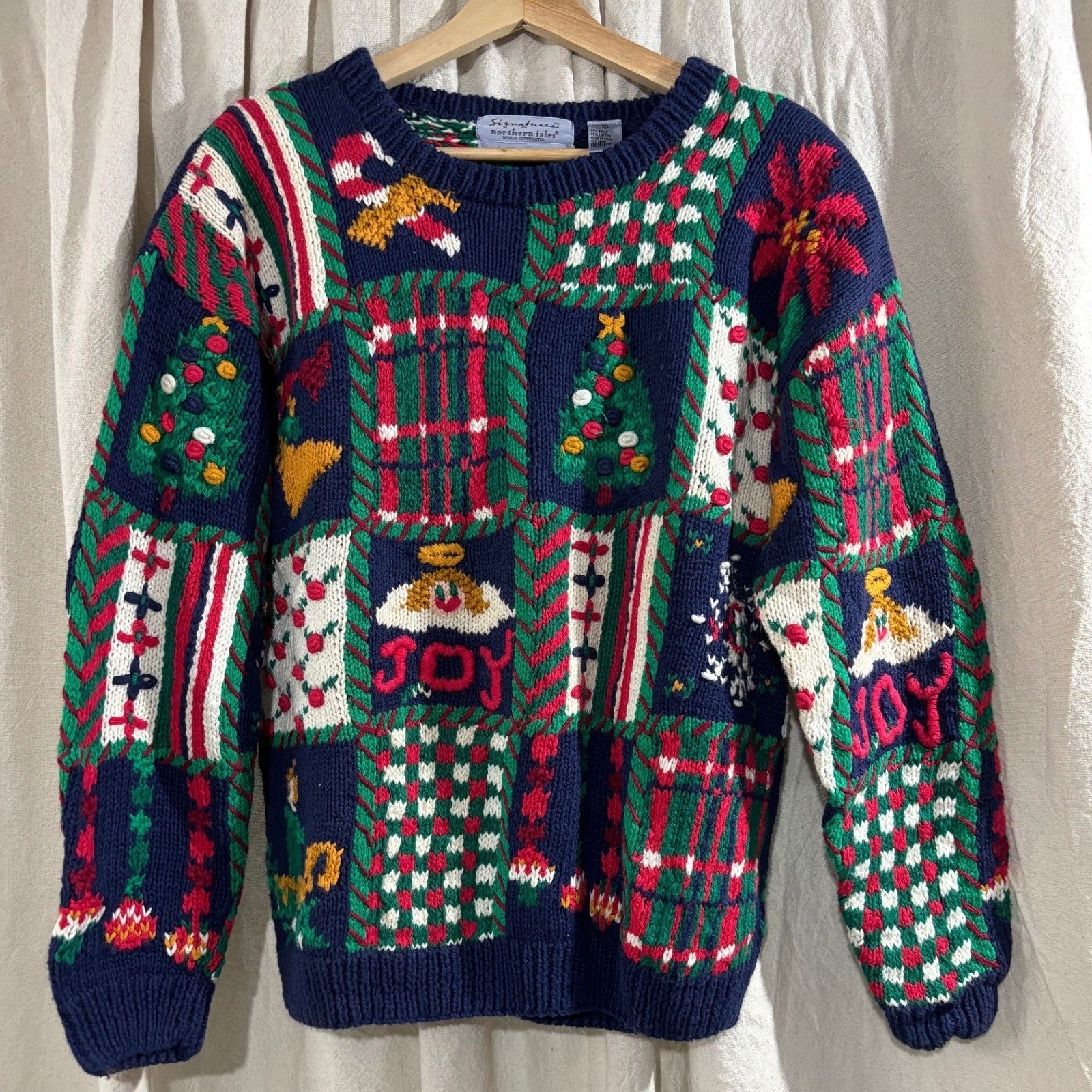 Vintage Signatures Northern Isles Christmas Sweater Hand Knit Patchwork Joy L