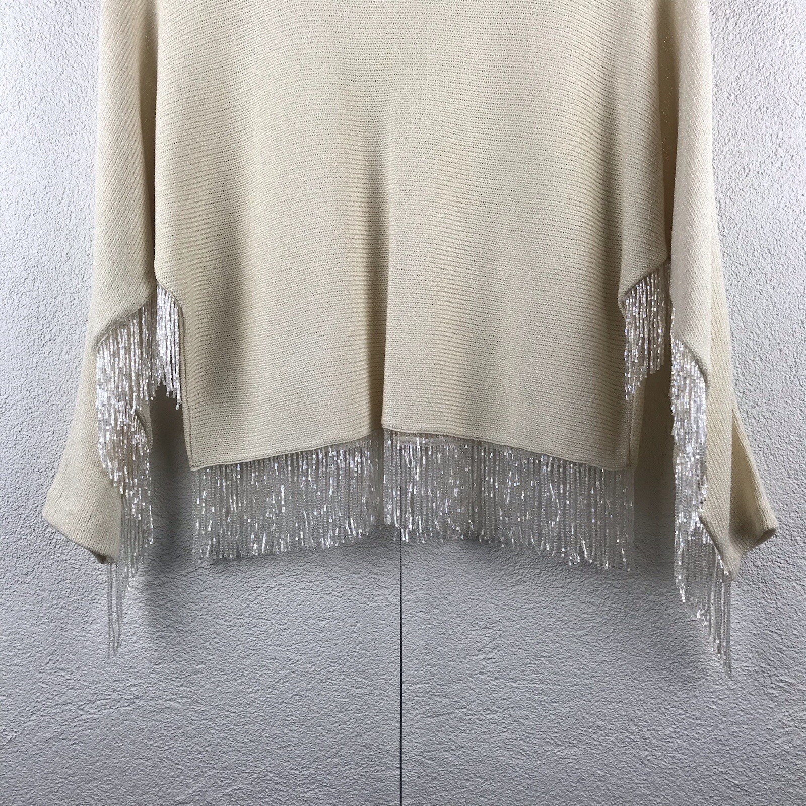 Vintage l 90s Helen HSU Santana Knit Dolman Iridescent Beads Fringe Crop Sweater