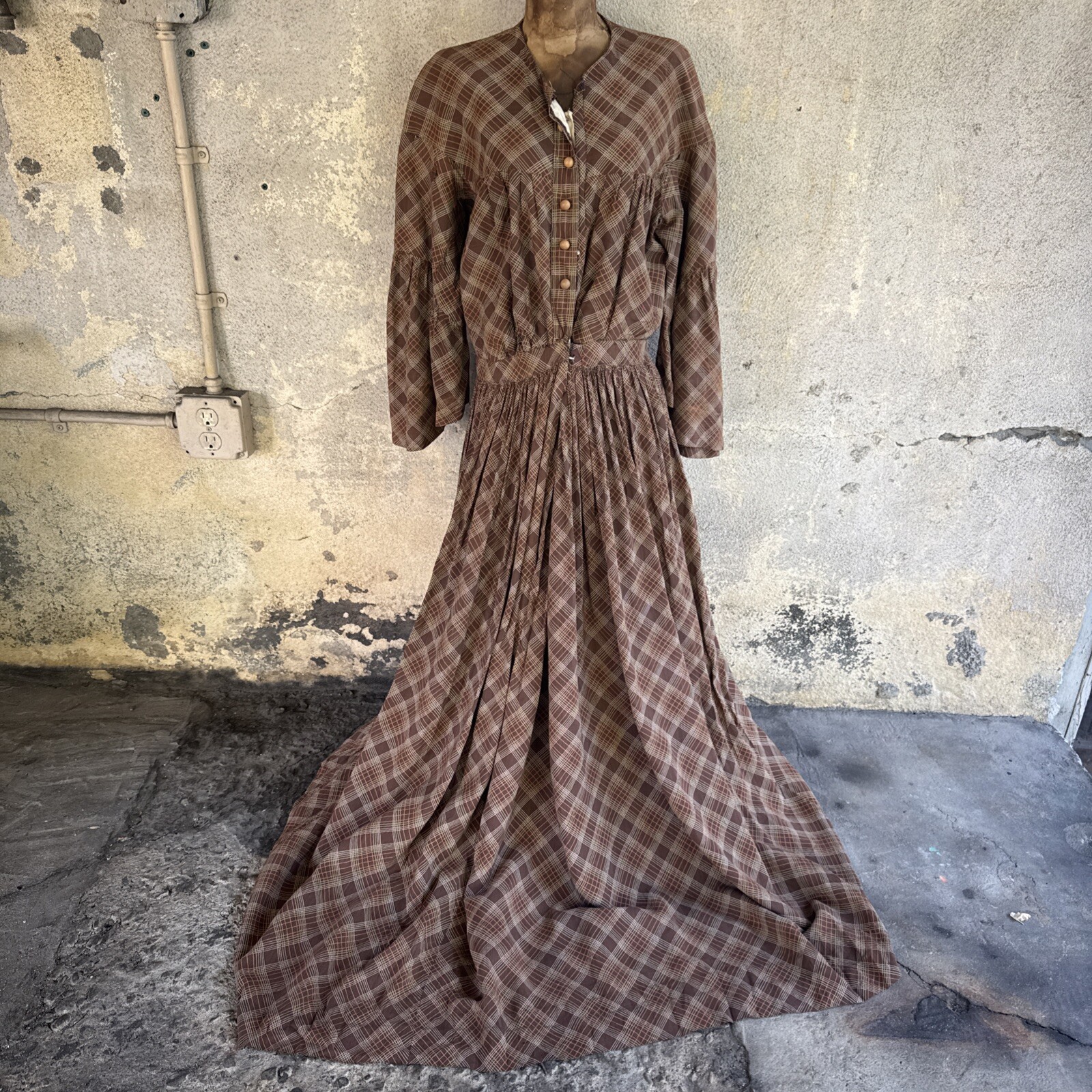 Vintage 1930s Brown Green & Orange Plaid Linen Dress Maxi Bell Sleeves Wooden