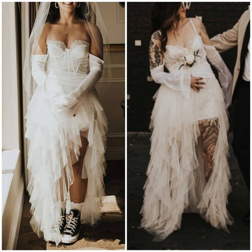 For Love & Lemons Eve Ivory Lace Corset High-Low Tulle Gown Sz Large Wedding
