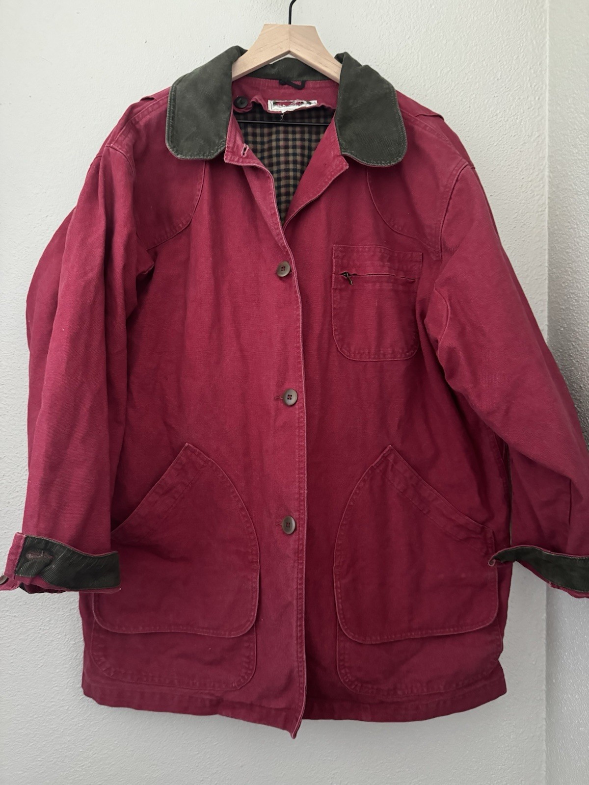 Vintage Red LL Bean Chore Coat Corduroy Collar Plaid Lining