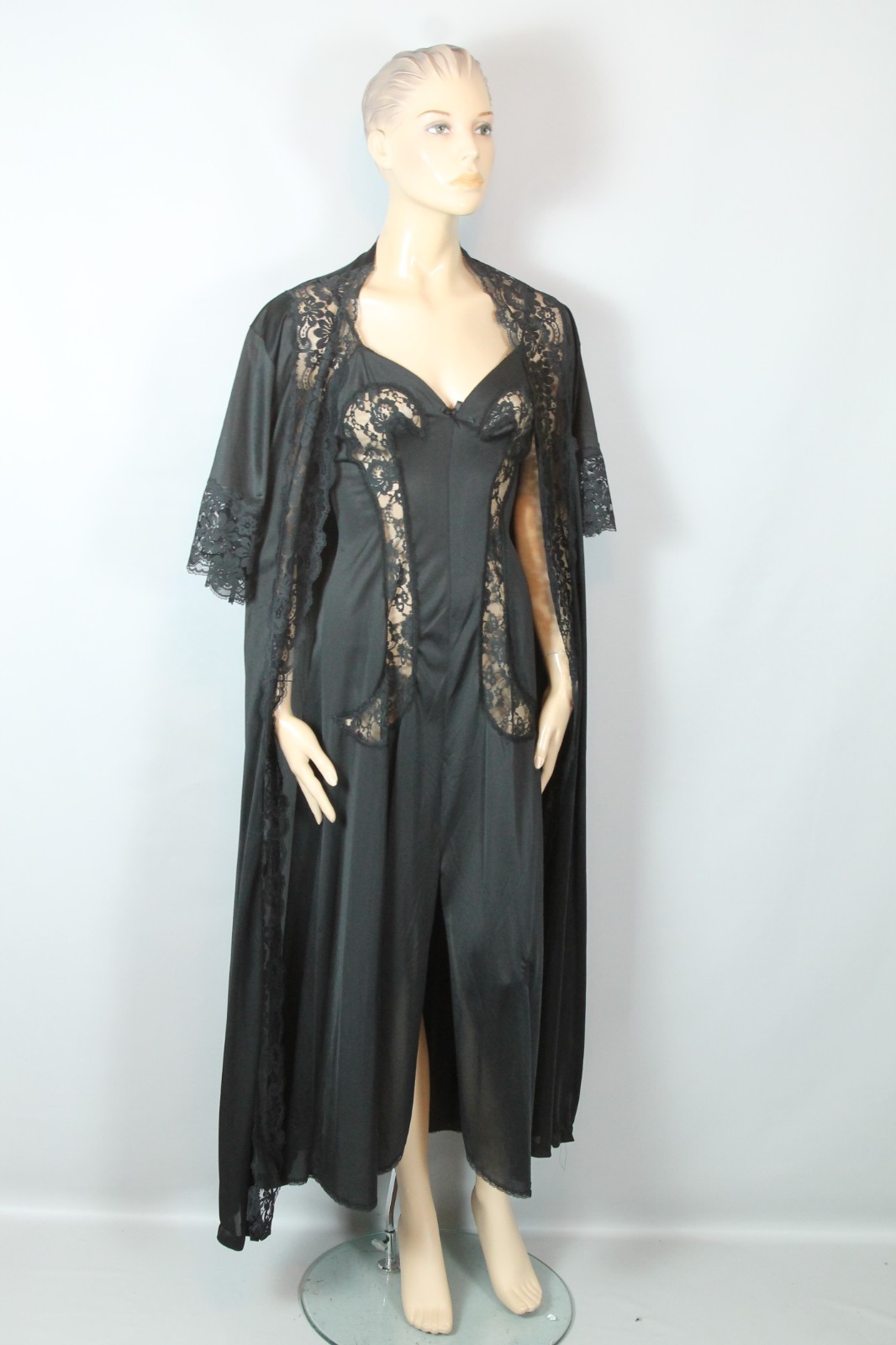 Vtg GLYDONS Made USA Hollywood Black Nylon Lace 2pc Peignoir Nightgown Robe M