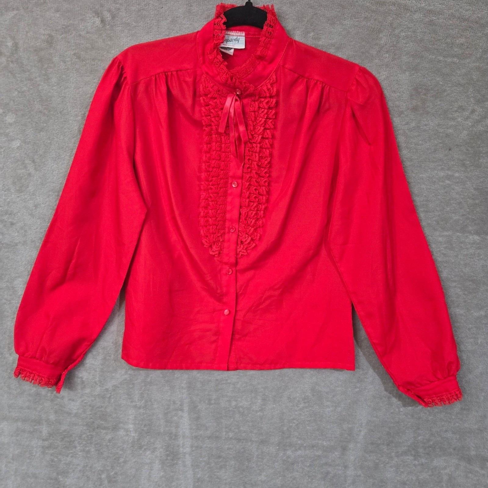 Vtg Rhapsody Blouse Women Medium Red Lace Trim Victorian Ruffle 80s Statement