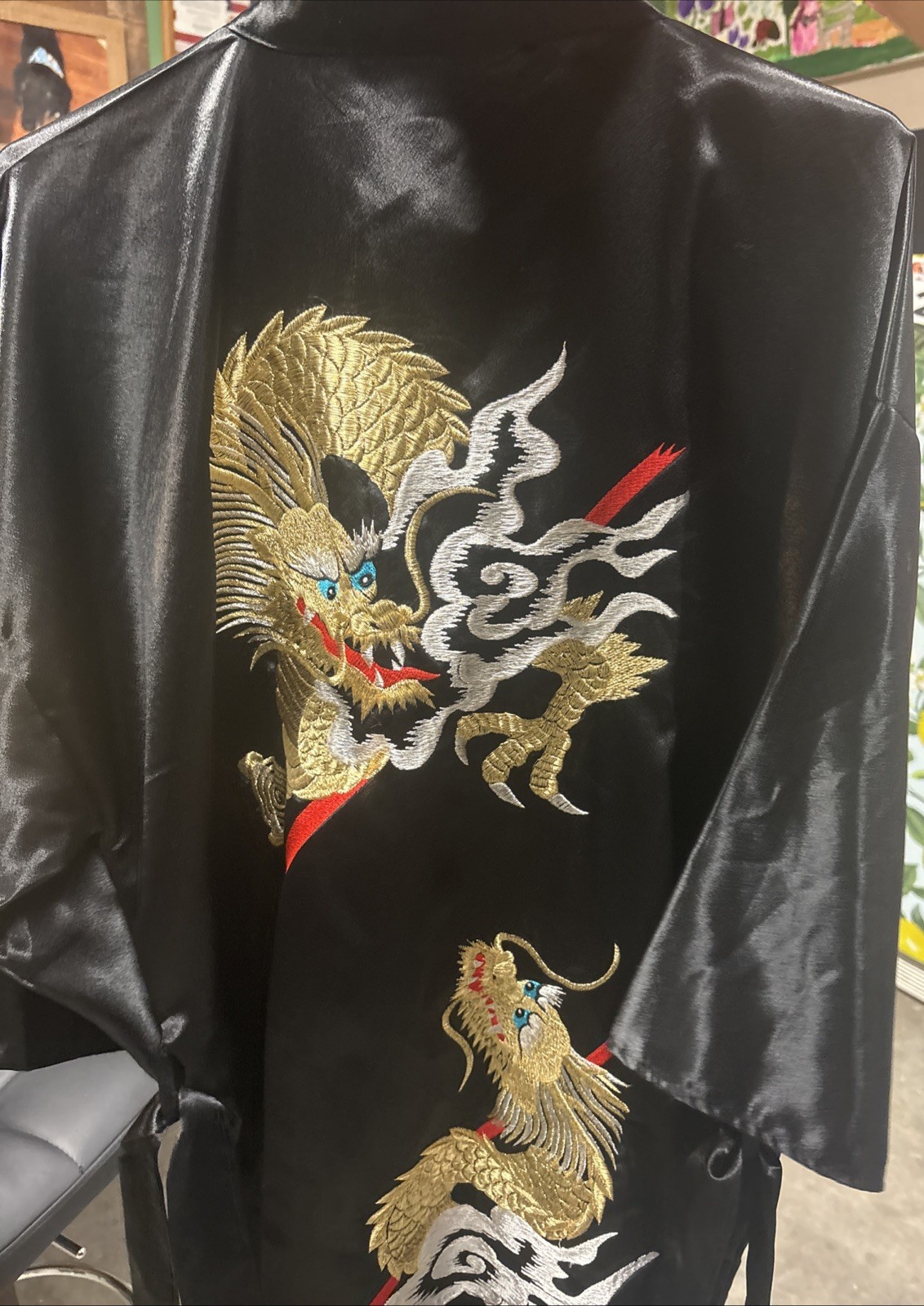 Ichiban Vintage Japanese Kimono Robe Black Satin Dragon Embroidered