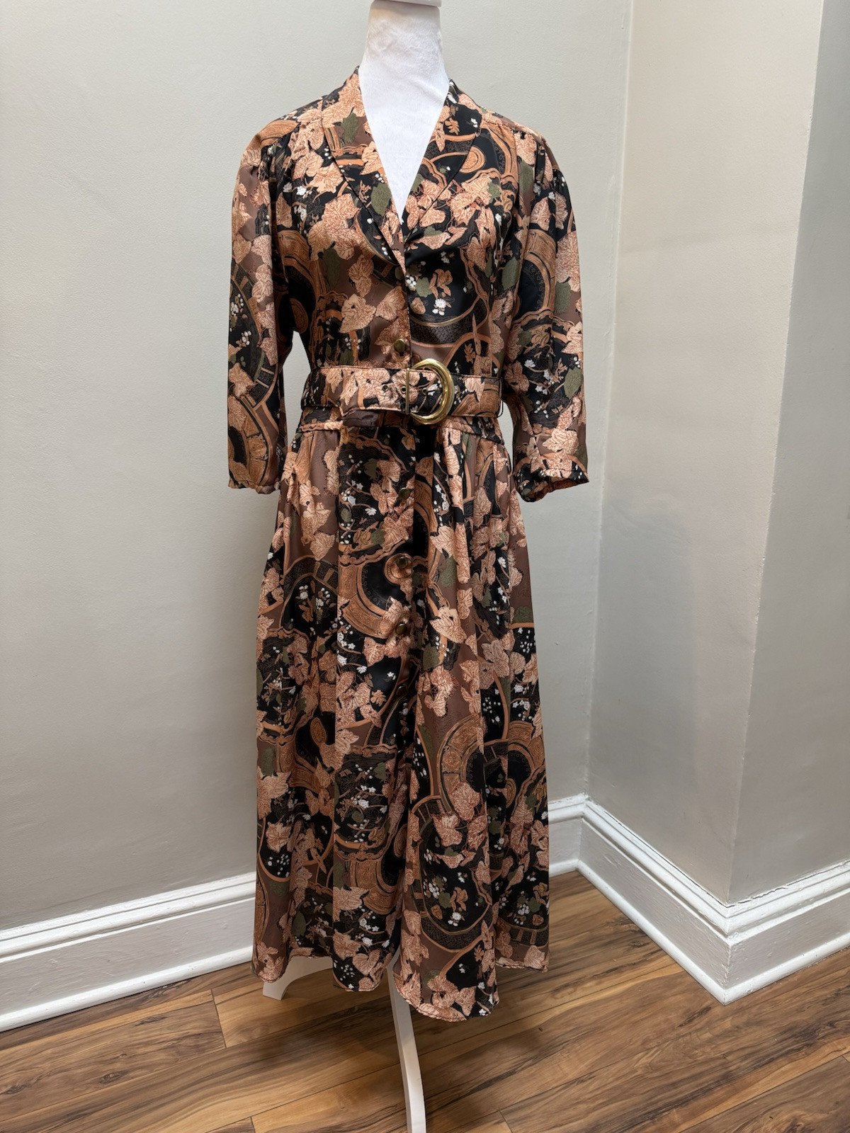 Vintage 80s Does 50s Shirt Dress George Originals POCKETS Bold Floral Black 12