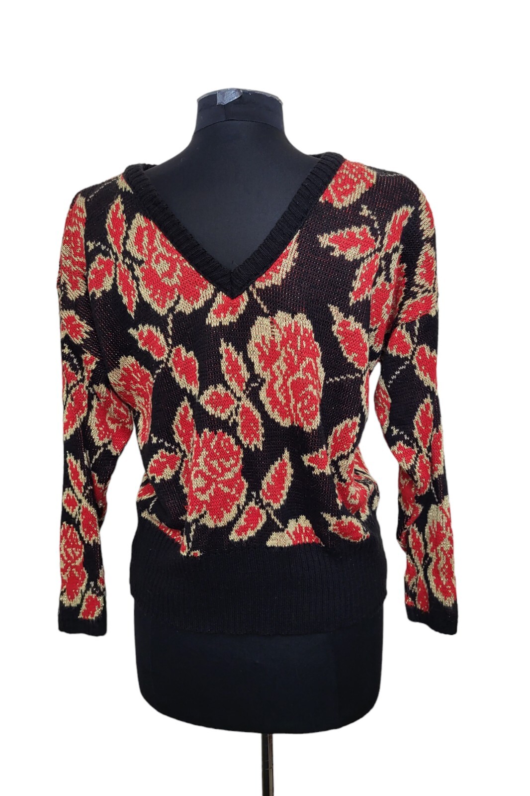 Vintage 80’s Sunshine Starshine Acrylic Sweater Red Roses Black Gold USA Size M