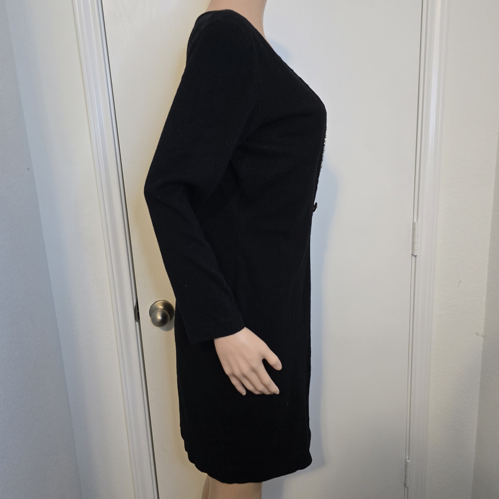 VTG Deep V-Neck Dress Embellished Long Sleeve Black Rhinestones Approx Sz L