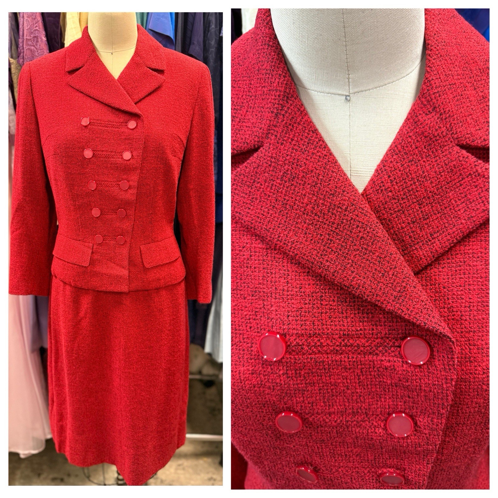 Vintage 1950s Textured Cherry Red Tweed 2pc Womens Suit Blazer / Skirt Small