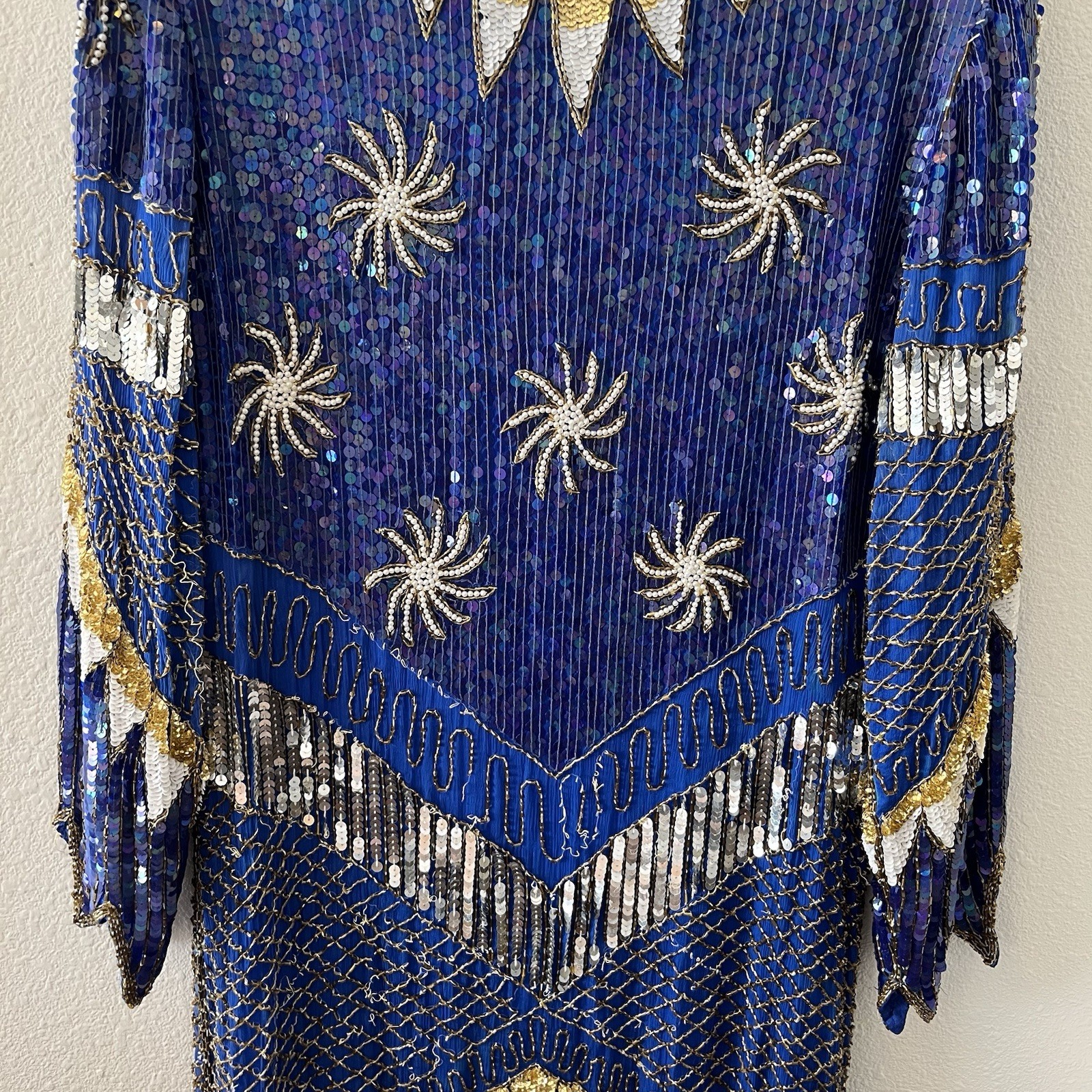 Vintage 80’s Chanson D’Amour Womens Flapper Dress 100% Silk Sequin Beaded Blue