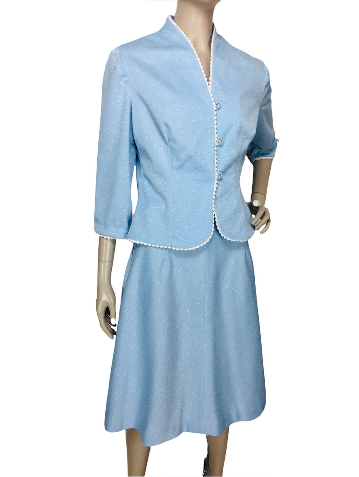 Vintage 60s Blue Rick-Rack Trim Jacket and A-Line Skirt Suit Set XS/S/M