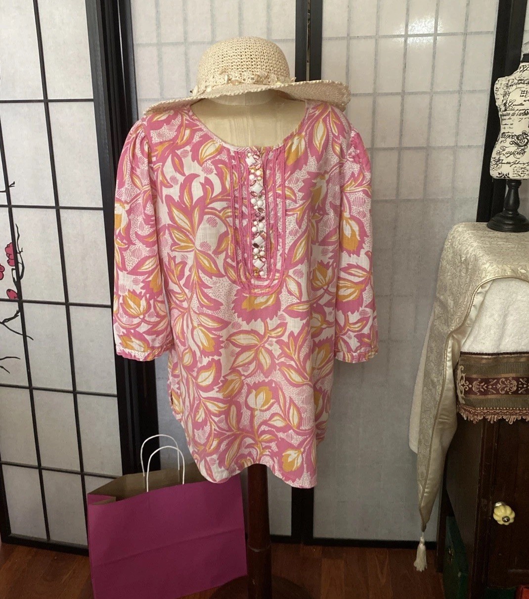 Pappagallo Dora VTG 80s Large BejewelVented Tunic Top/Beach/Resort Wear (Read)