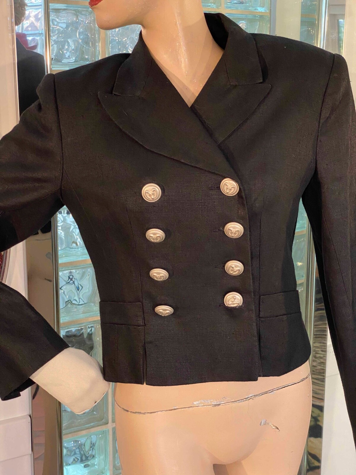 VTG 90s Black Crop Jacket Double Breast Military Buttons Women size 8 USA