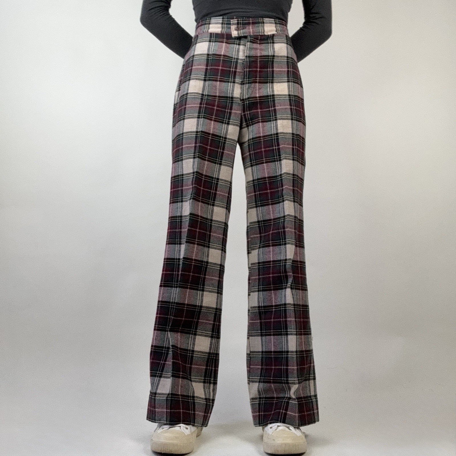 70s Vintage HIS Tartan Wool Bell Bottom Flare Pants 26” Elastic Waist Red Green