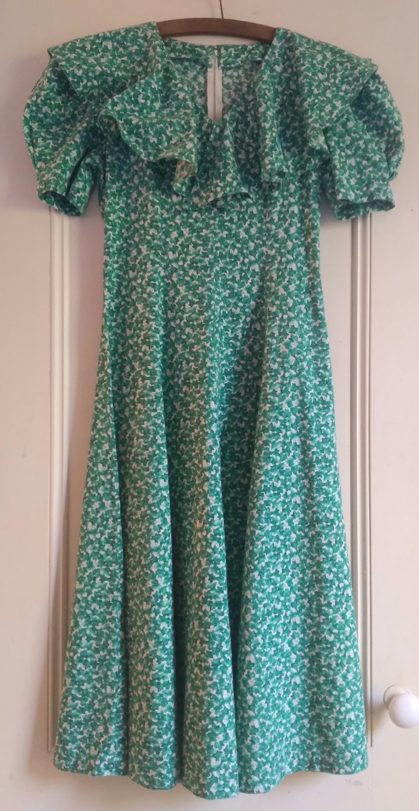 Vintage 30s 40s Green Leaf Cotton Dress Puff Sleeves Long Skirt M S New Unworn