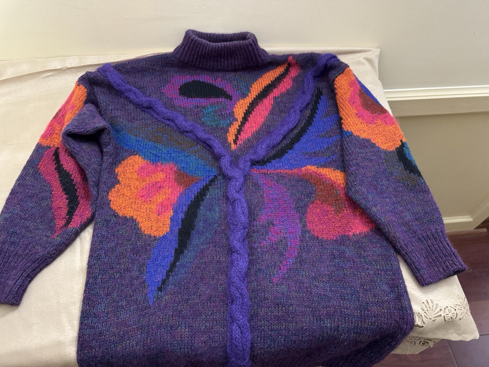 Vintage 80s MARIEA KIM Purple Flower Power Wool Blend Mock Turtle Neck Sweater M