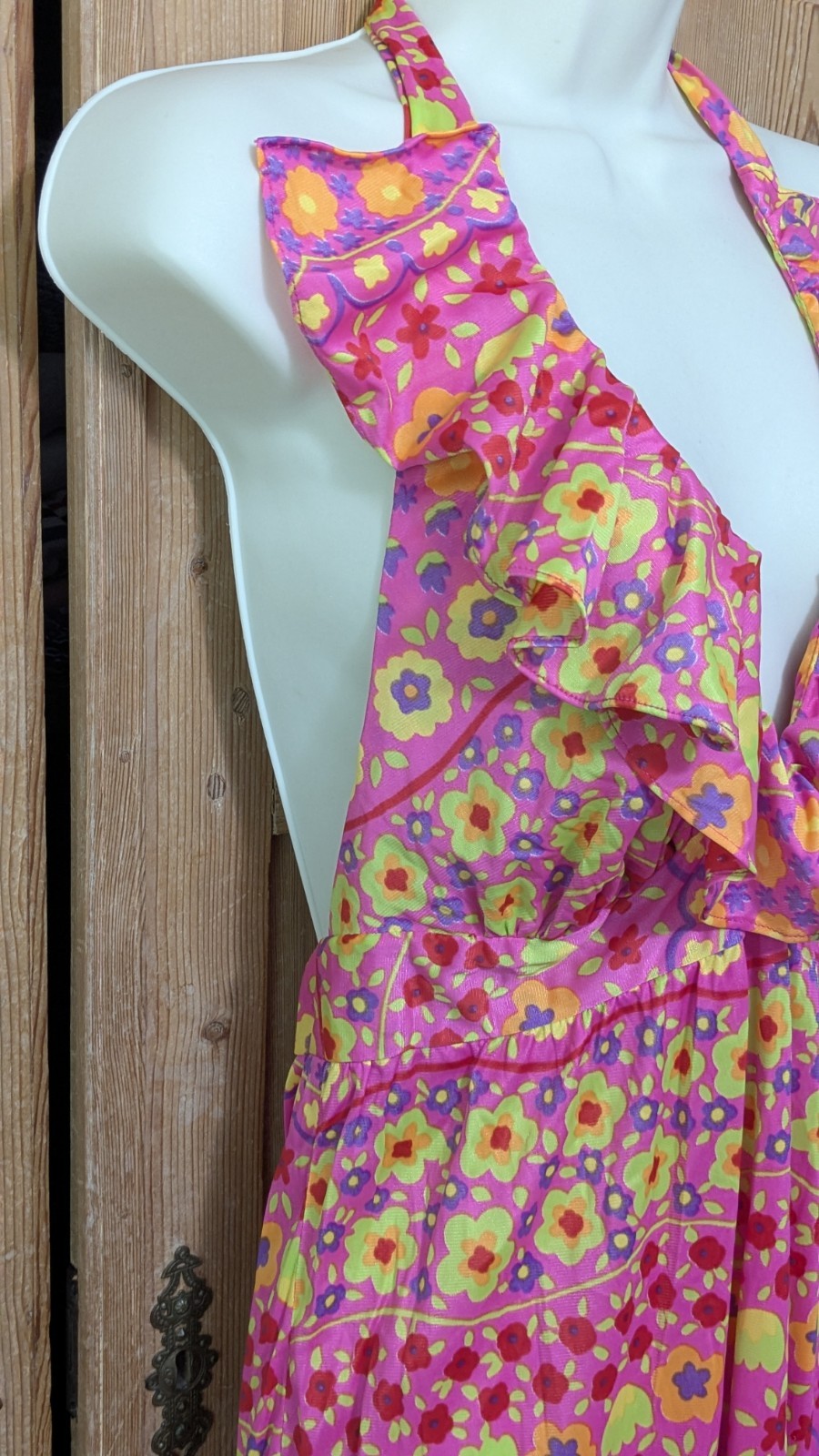 Vintage 1960’s Joseph Magnin Flower Power Mod Halter Maxi Dress Sz Small Nylon