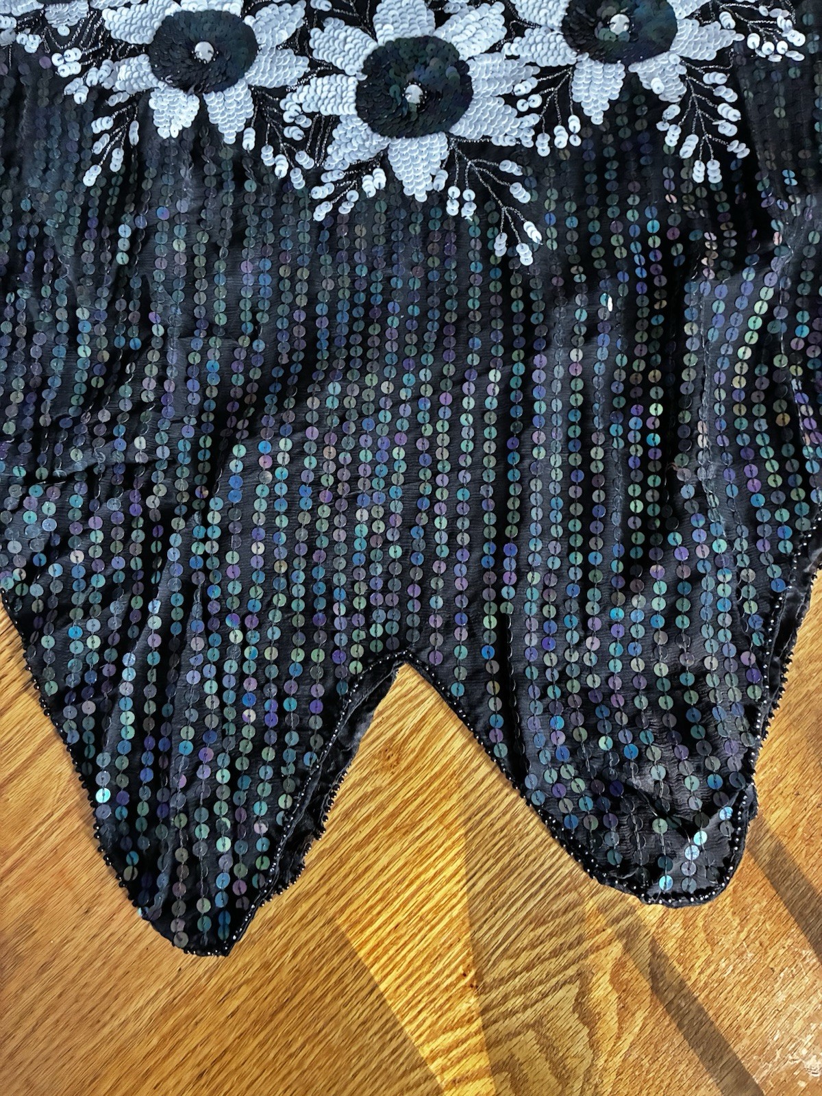 1990s Black & White Floral Silk Sequined Blouse Evening Shimmery