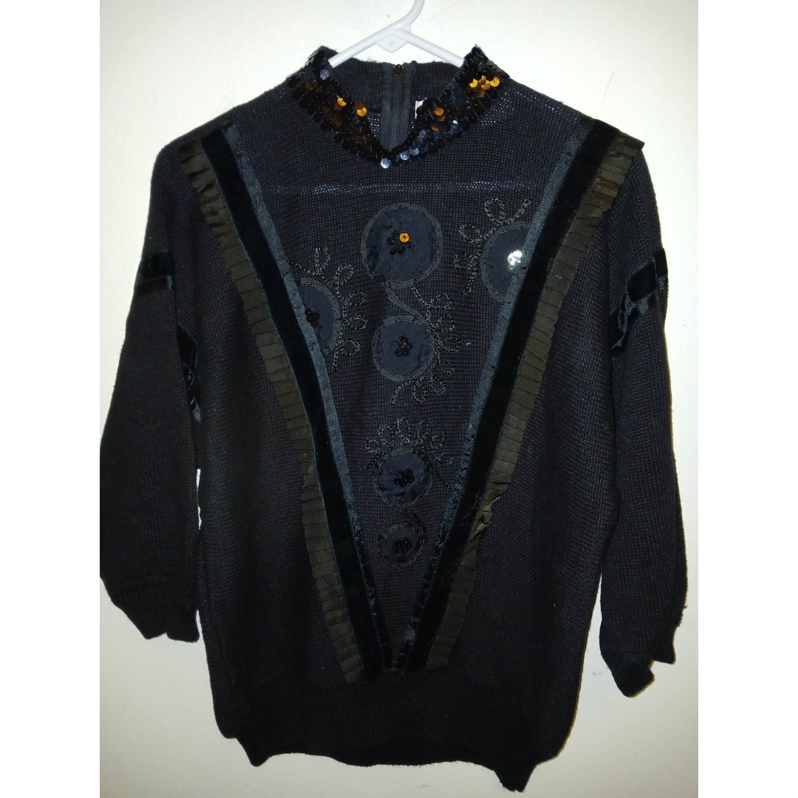 Vintage 1980s Black Dolman Embellished Sweater Bonnie and Bill High Neck Medium