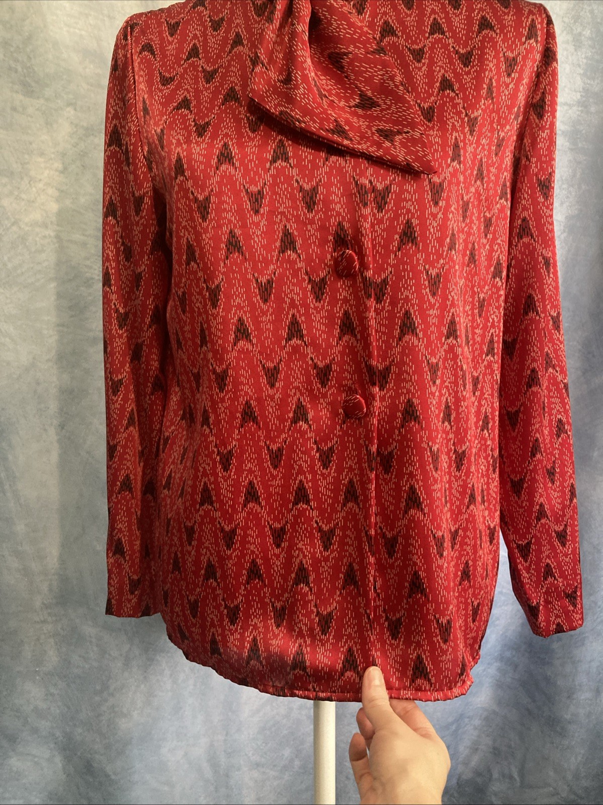 VTG 70s Weathervane Secretary Blouse Asymmetric Button Red Ikat Chevron Tie Neck