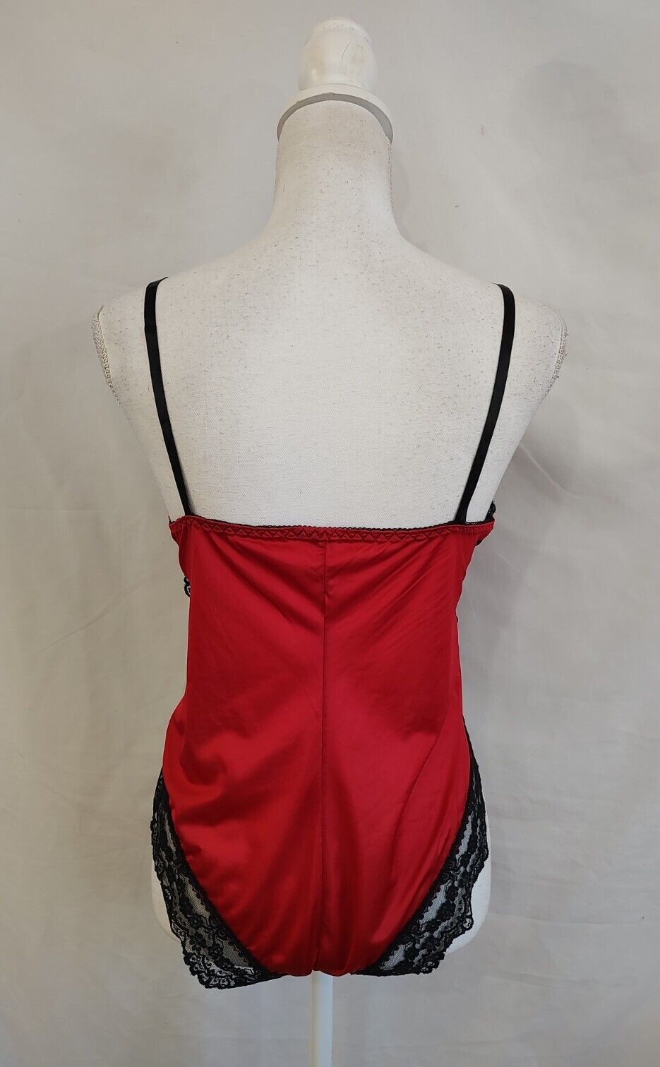 80’s Vintage Teddy Romper Red Nylon & Black Lace Super High Cut Leg Sexy Sz S
