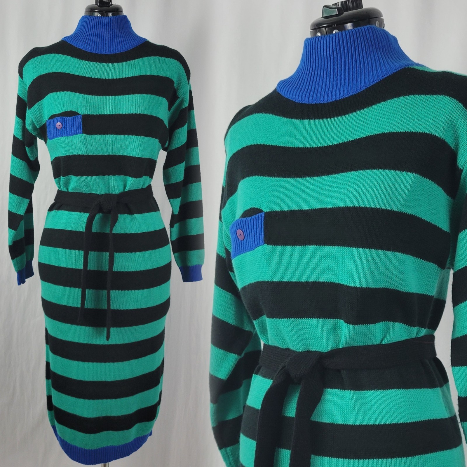 Vtg Radishes & Roses Teal & Black Striped Sweater Dress w Blue Accents Size M