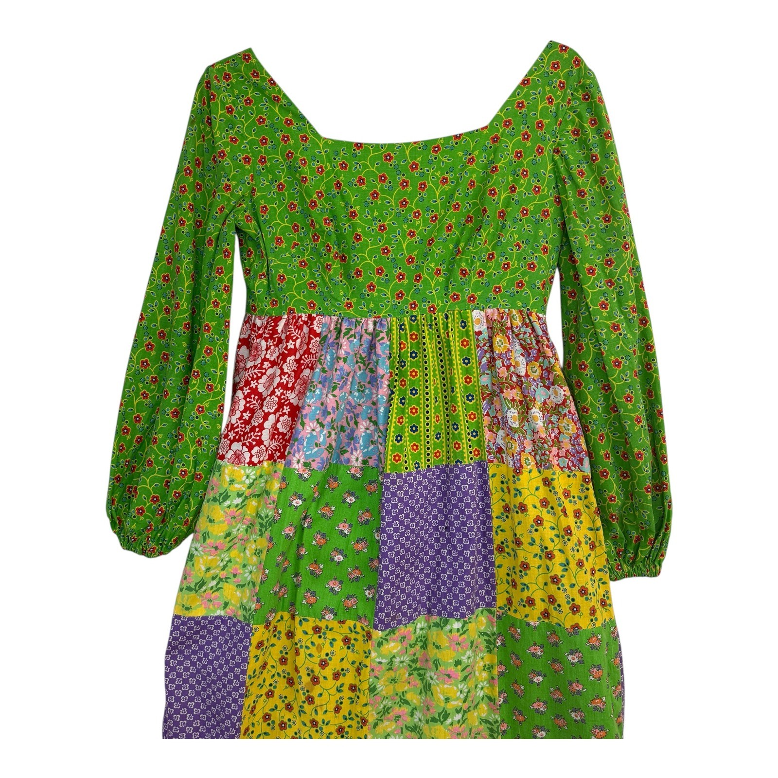 Vtg Mountain Artisans Patchwork Maxi Hippie Dress Floral Boho Green Pink Size 8
