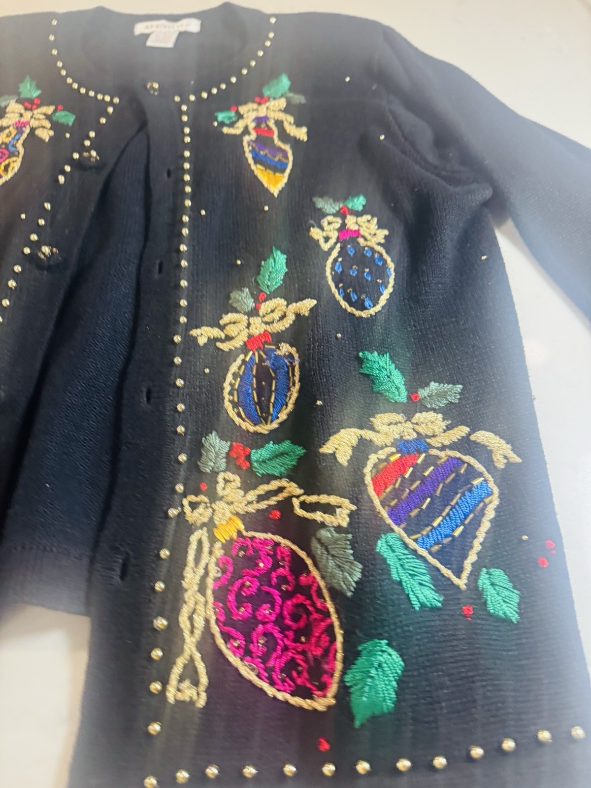 Arriviste Christmas Sweater Women’s M Black Embroidered Ornament Beaded Cardigan