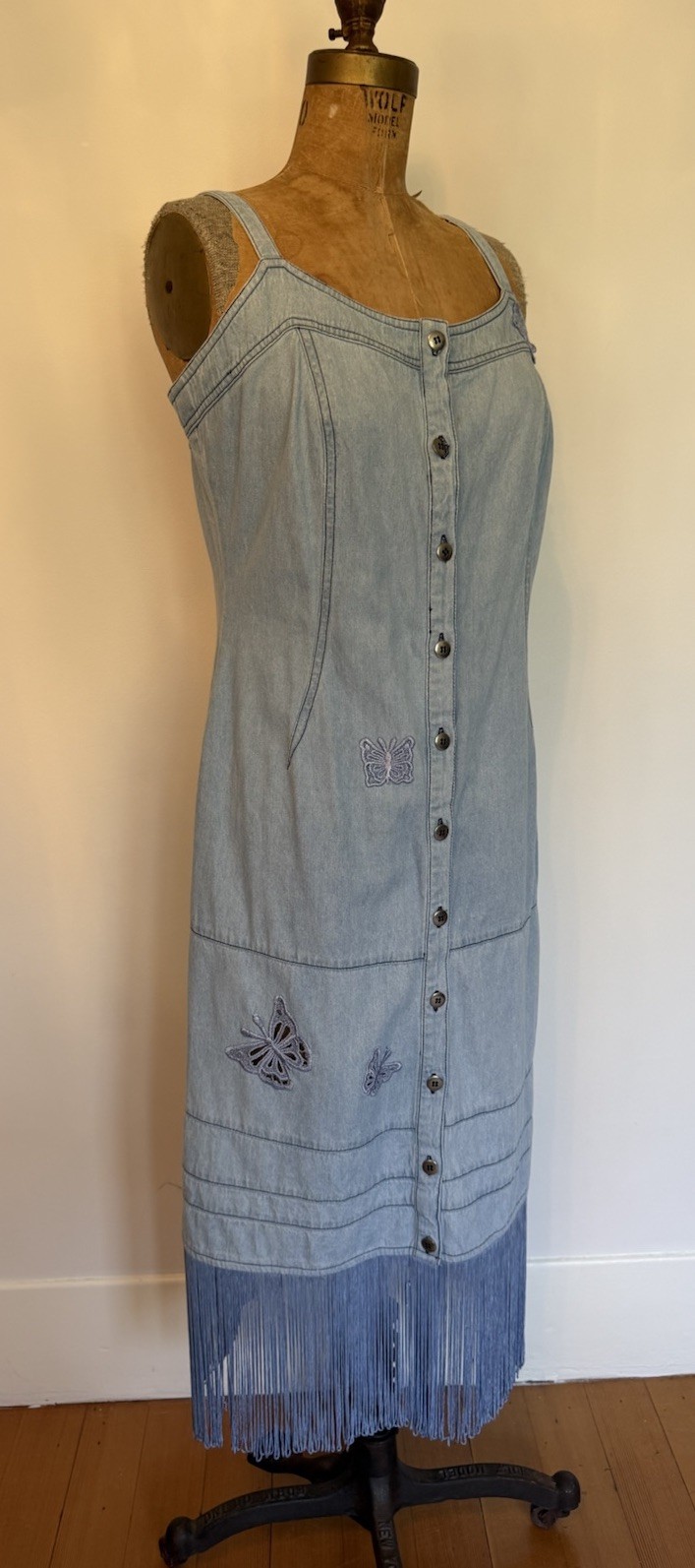 Vintage Together Denim Fringe Butterfly Cutouts Dress Cowgirl Western Festival M
