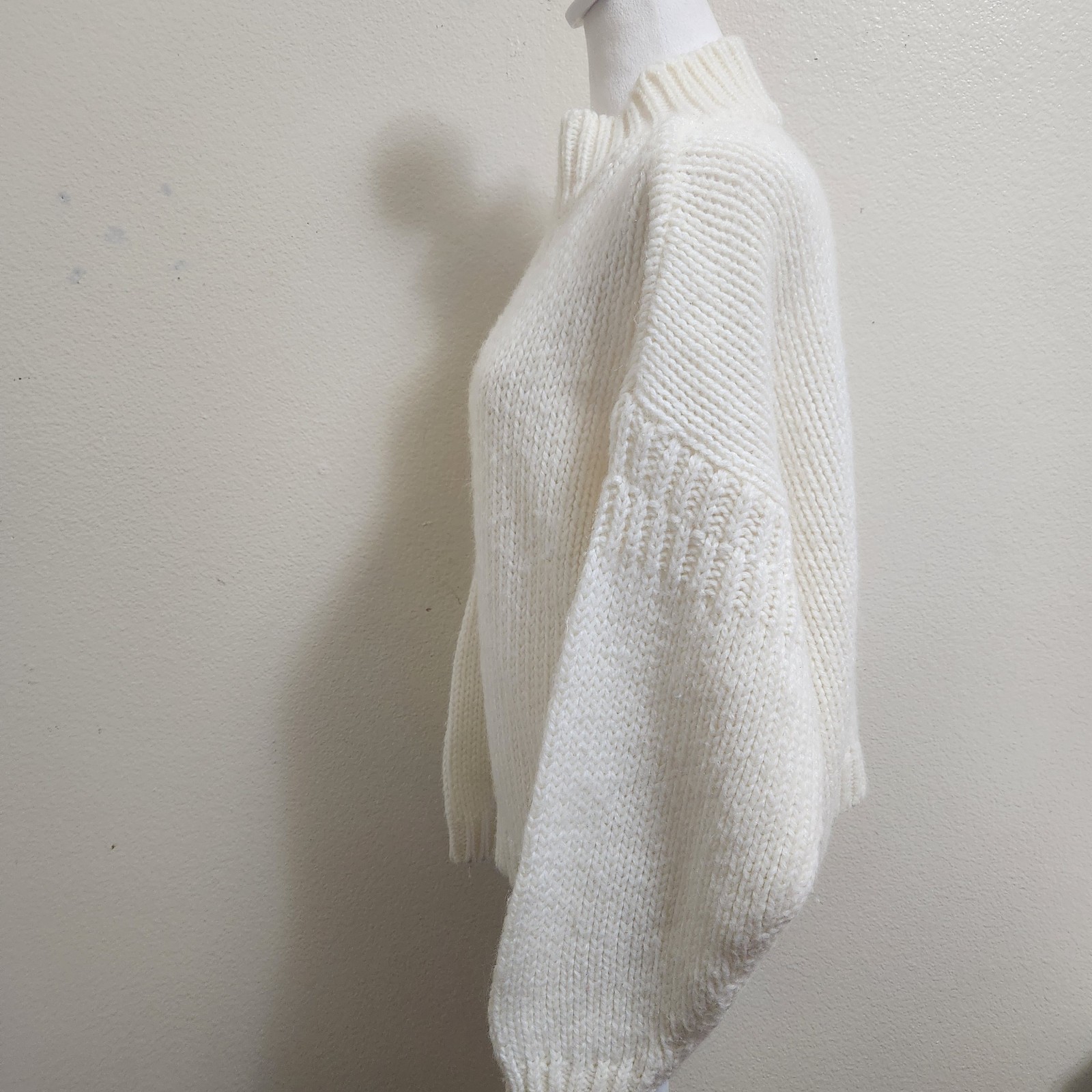 Vintage 80s/90s FAST TURN Cable Knit Wool Sweater L Ivory Boxy Mock Fisherman