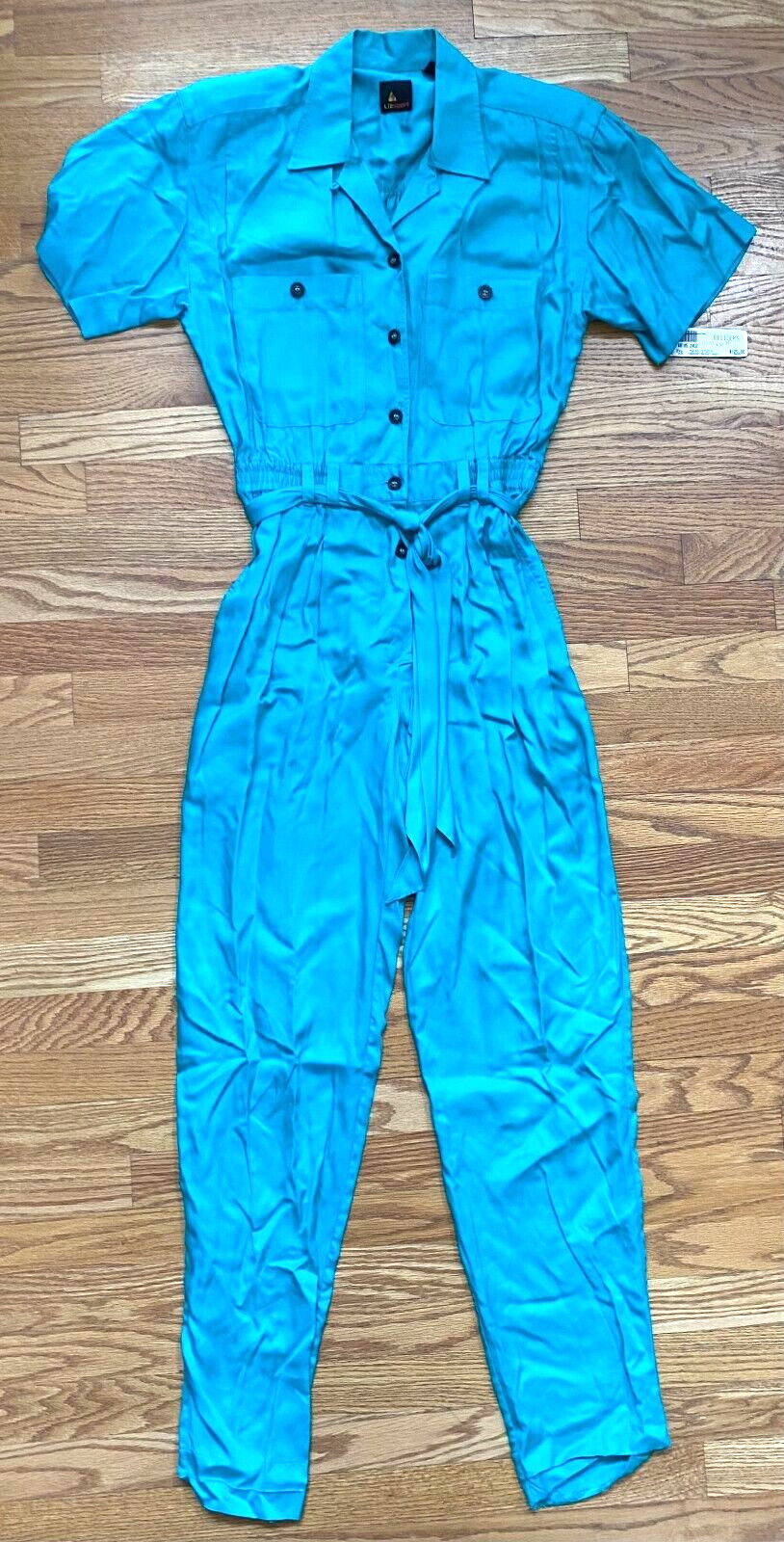 Vintage Liz Sport Blue Green Teal Rayon Belted 1pc Jumper Jumpsuit Small NWT
