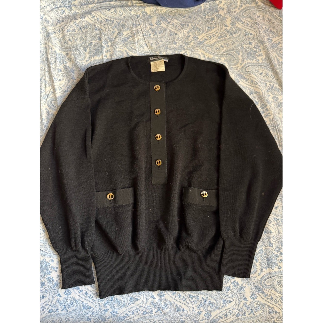 Vintage 80’s Salvatore Ferragamo Black Wool Gancini Button Sweater M knitwear