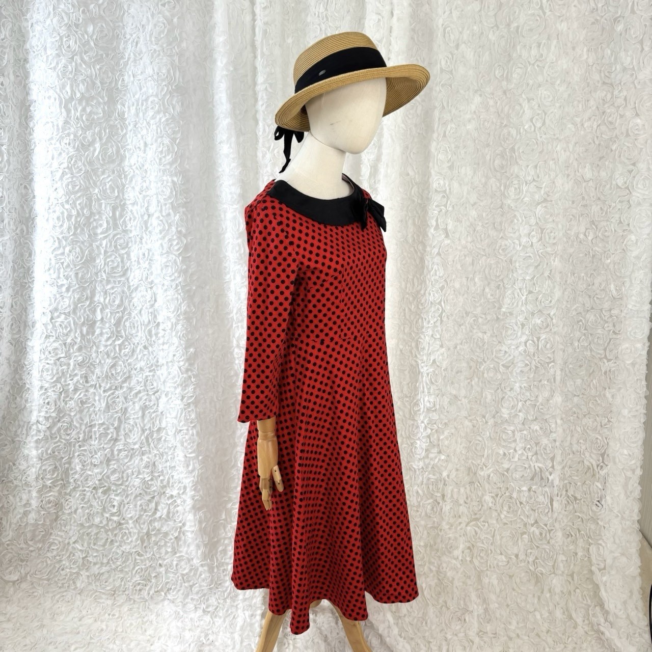Mixinni Vintage Red Black Polka Dot Midi Dress Bow Collar Rockabilly Retro 50s